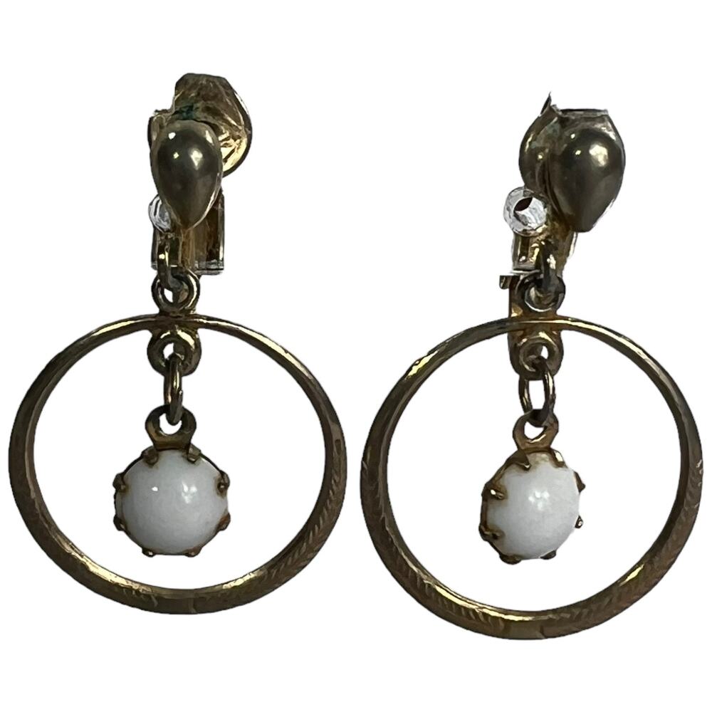 Vintage Gold-Tone Circle with White Gem Drop Clip-On Earrings